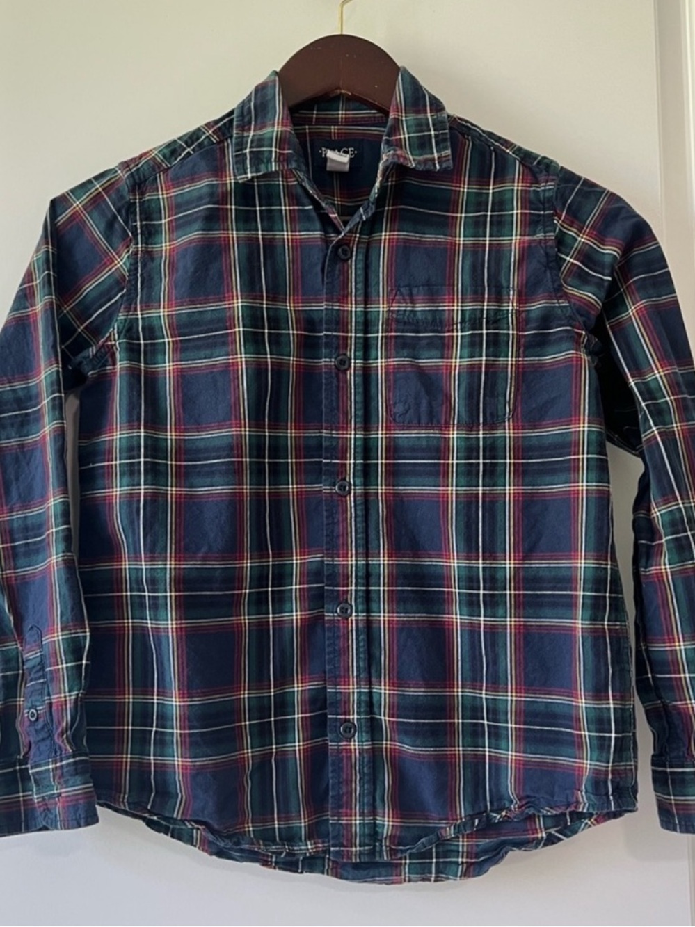 The Children's Place Boys Plaid Button Down Shirt Large 10/12 Blue Green Red